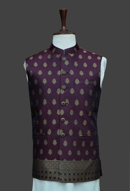 Maroon Waistcoat with Golden Embroidery