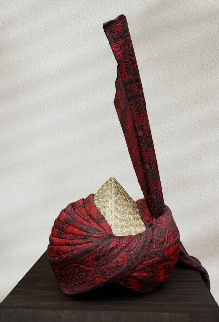 Traditional Red and Black Turban with Self-Embroidered Fabric