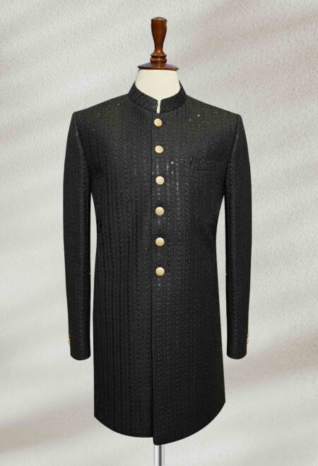 Classic Black Sherwani with Golden Button Detailing