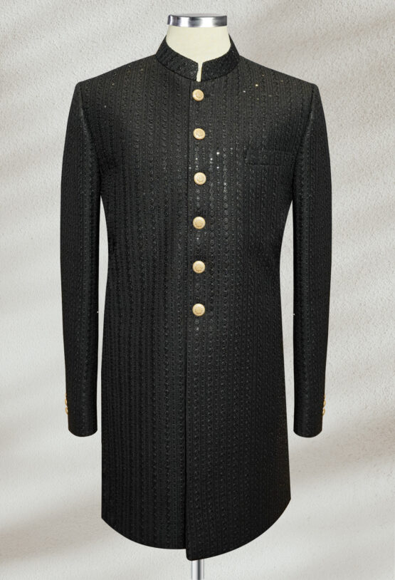 Classic Black Sherwani with Golden Button Detailing Classic Black Sherwani with Golden Button Detailing