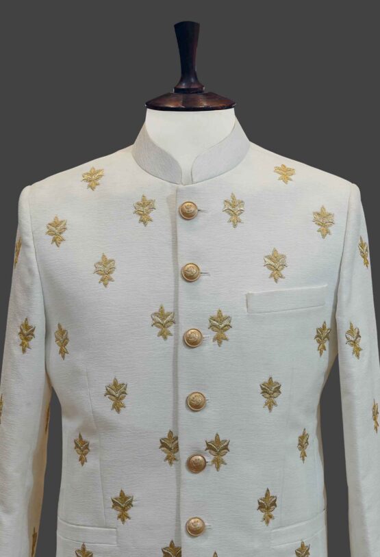 White Prince Coat with Gold Leaf Embroidery