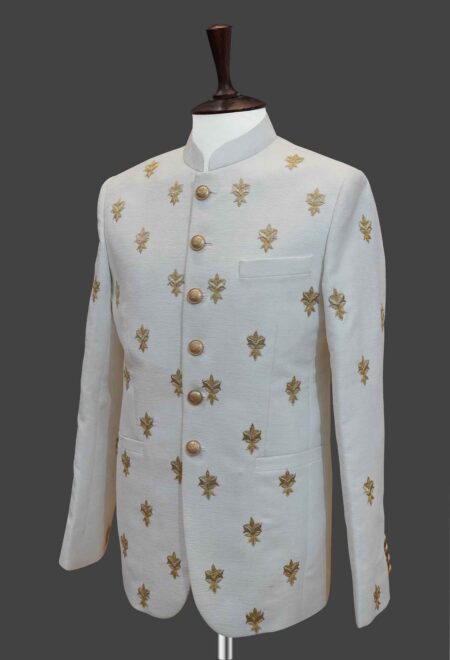 White Prince Coat with Gold Leaf Embroidery