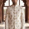 White Prince Coat with Golden Leaf Embroidery Beige Embroidered Angle Cut Prince Coat