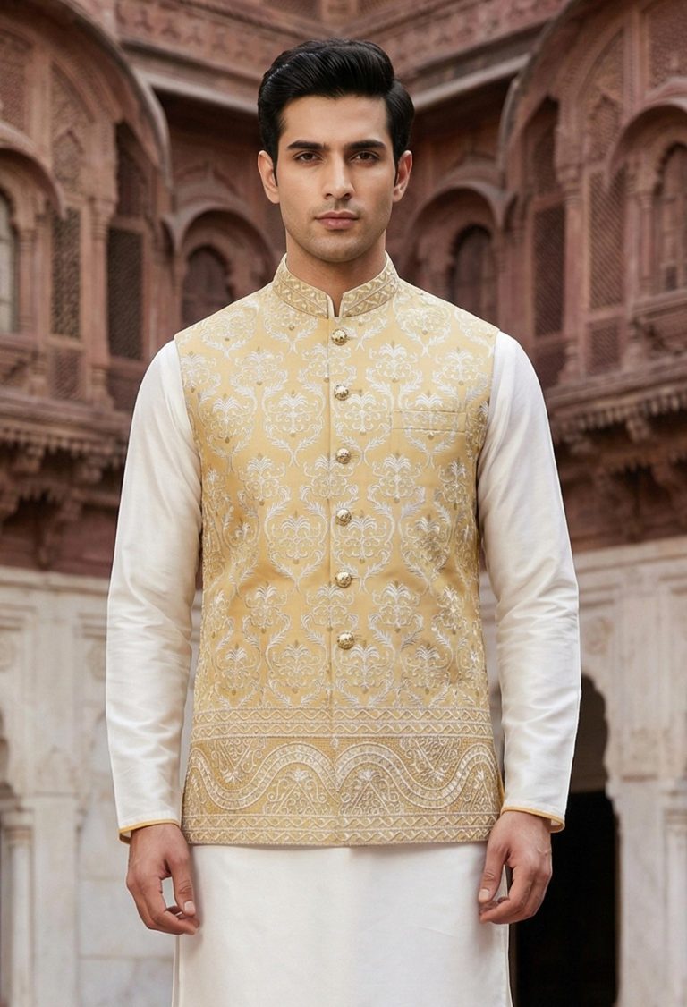 Traditional Golden Waistcoat with Intricate Embroidery