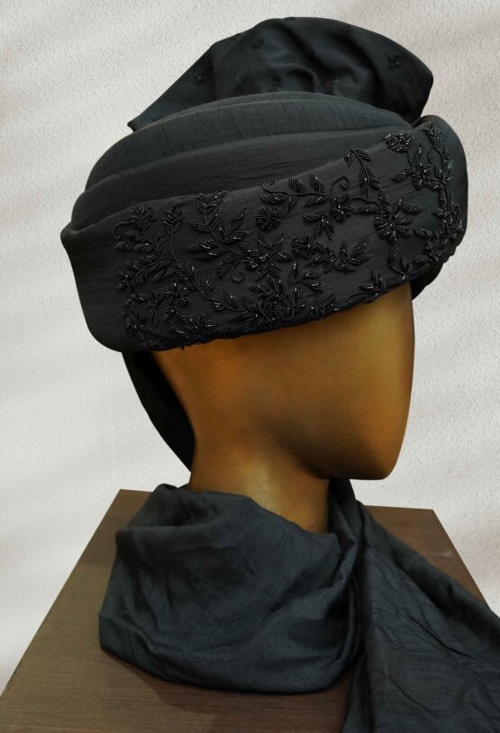 Embroidered Black Turban with Artistic Details