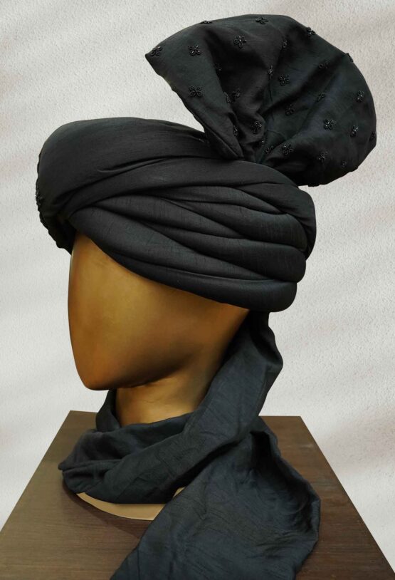 Embroidered Black Turban with Artistic Details