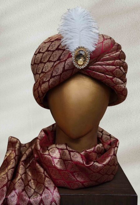 Traditional Maroon Turban with Feather