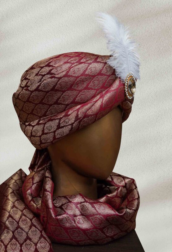 Traditional Maroon Turban with Feather