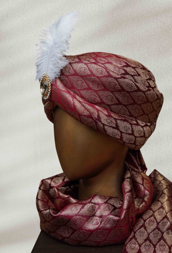 Traditional Maroon Turban with Feather