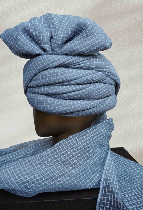 Classic Blue Grid-Patterned Turban