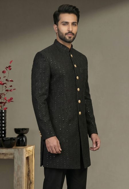Classic Black Sherwani With Golden Button Detailing Classic Black Sherwani Classic Black Sherwani with Golden Button Detailing Classic Black Sherwani