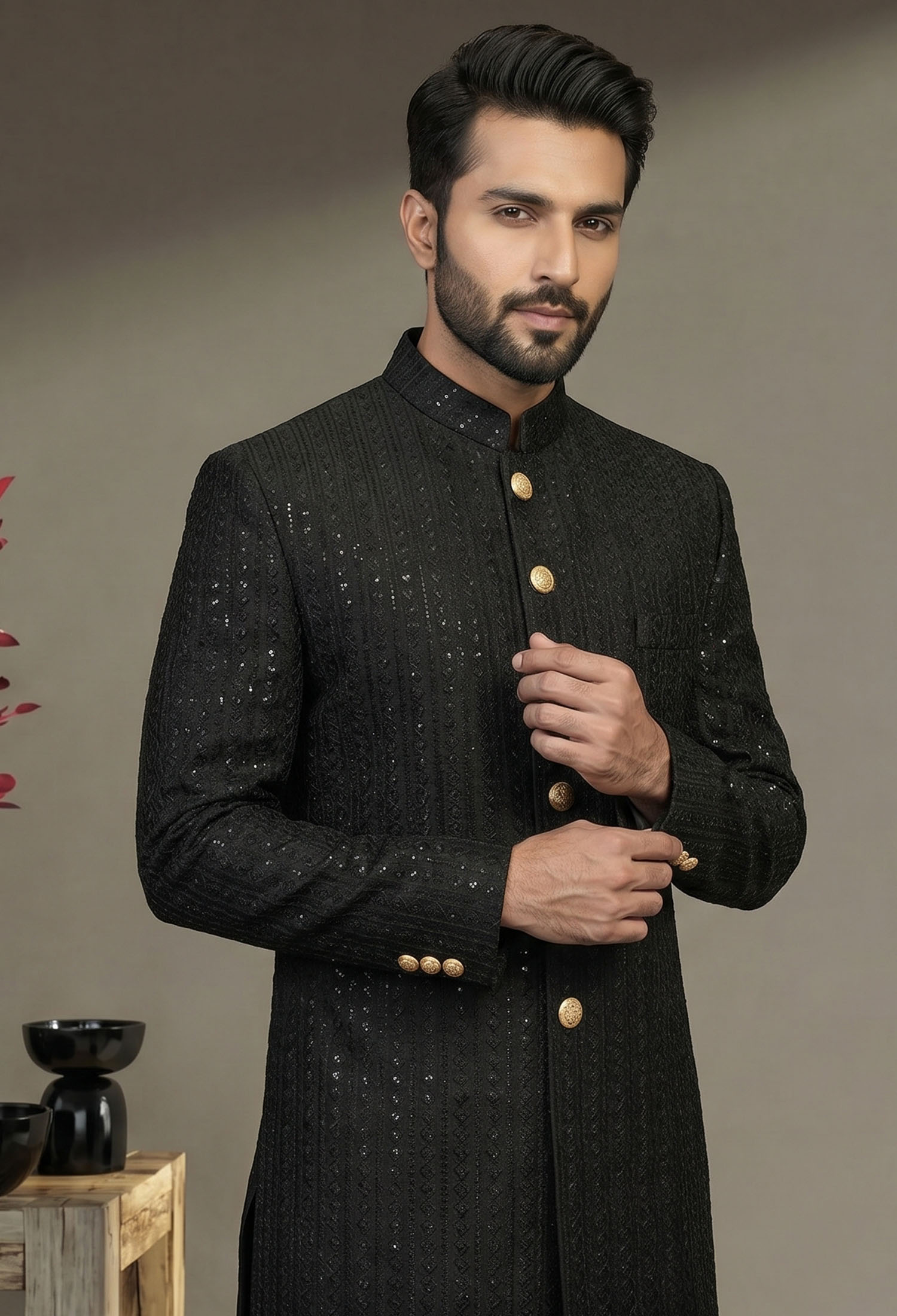 Black Sherwani With Golden Button Detailing Classic Black Sherwani with Golden Button Detailing Classic Black Sherwani