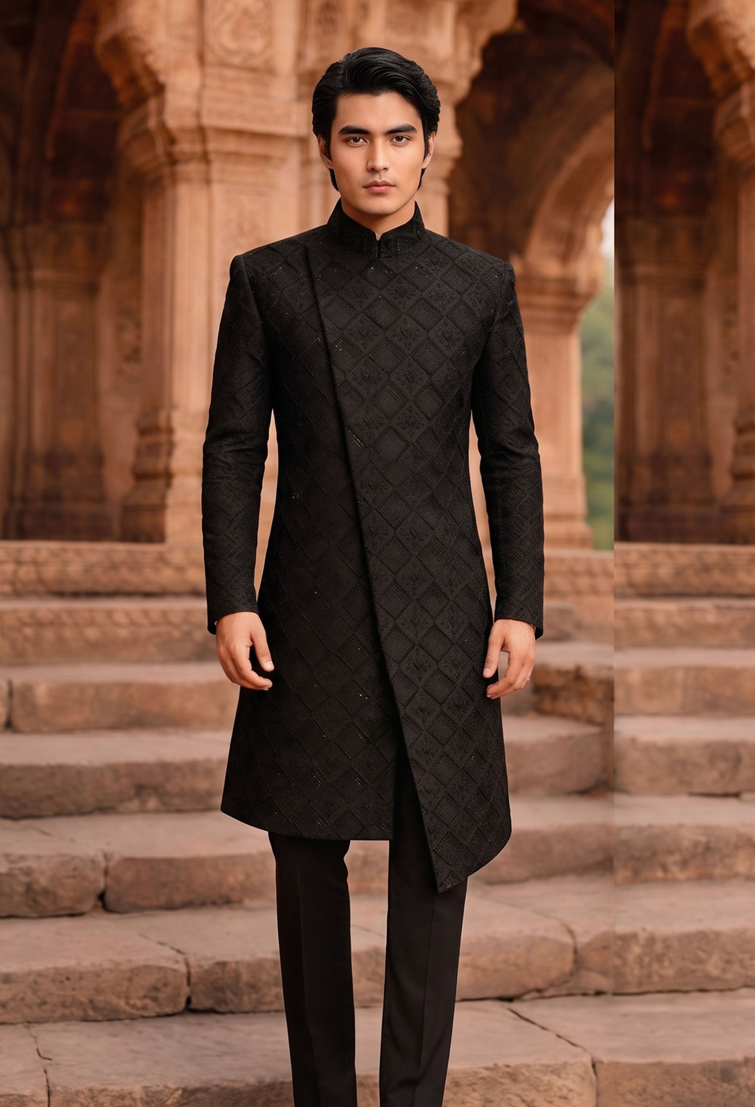 Black Side Cut Embroidered Sherwani 4 Stylish Black Side Cut Embroidered Sherwani Black Side Cut Embroidered Sherwani