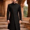 Black Side Cut Embroidered Sherwani with Turban Classic Ivory Sherwani