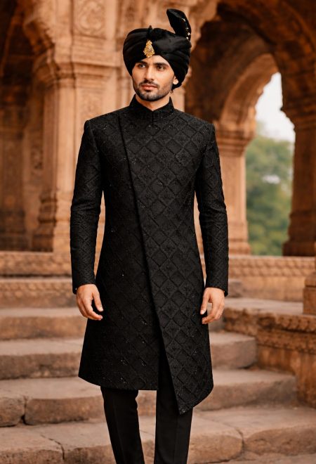 Black Side Cut Embroidered Sherwani with Turban