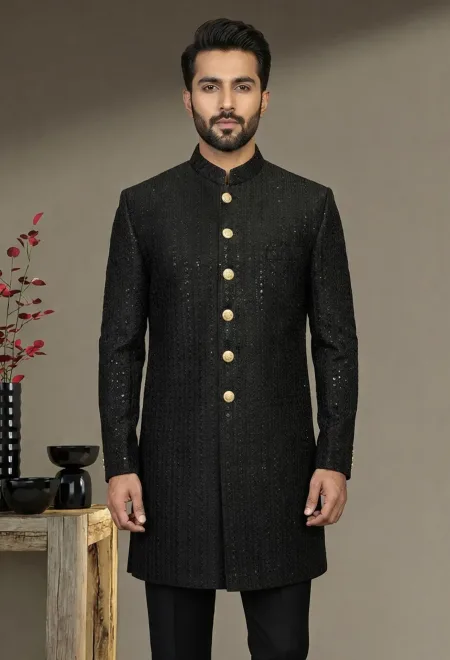 Classic Black Sherwani with Golden Button Detailing