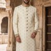 Classic Ivory Sherwani with Golden Embroidery Black Side-Cut Embroidered Sherwani