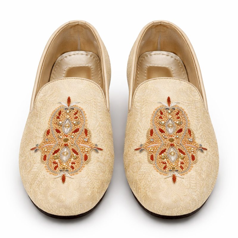 Golden-Embroidered-Shoe-For-Dulha Handmade Golden Embroidered Loafer Golden Embroidered Loafer