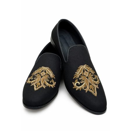 Handmade Solid Black Loafer with Golden Embroidered Design Solid Black Loafer