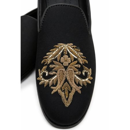 Handmade Solid Black Loafer with Golden Embroidered Design Solid Black Loafer