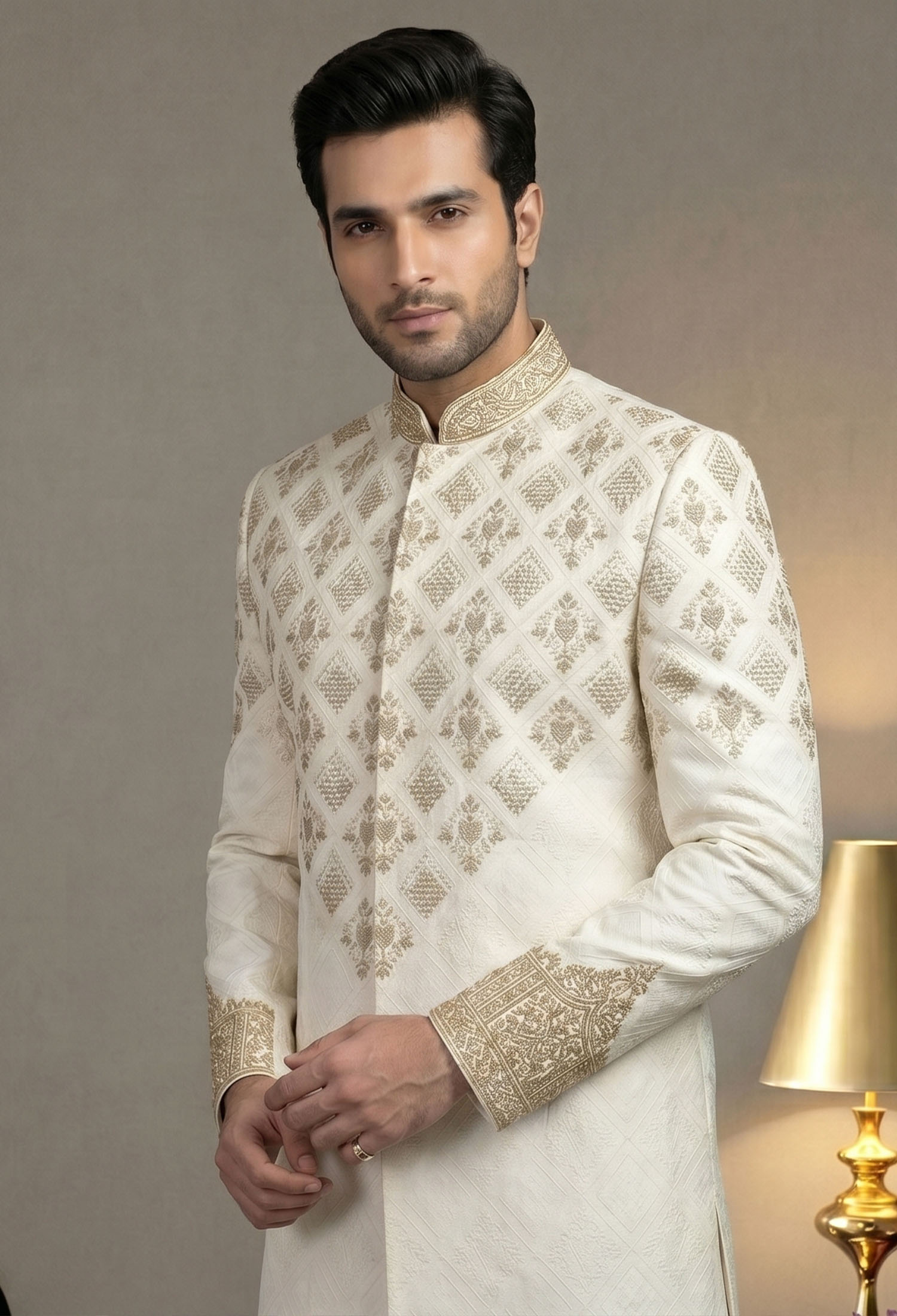 Ivory Sherwani With Golden Embroidery For Groom 3 Designer Ivory Sherwani with Golden Embroidery Ivory Sherwani with Golden Embroidery