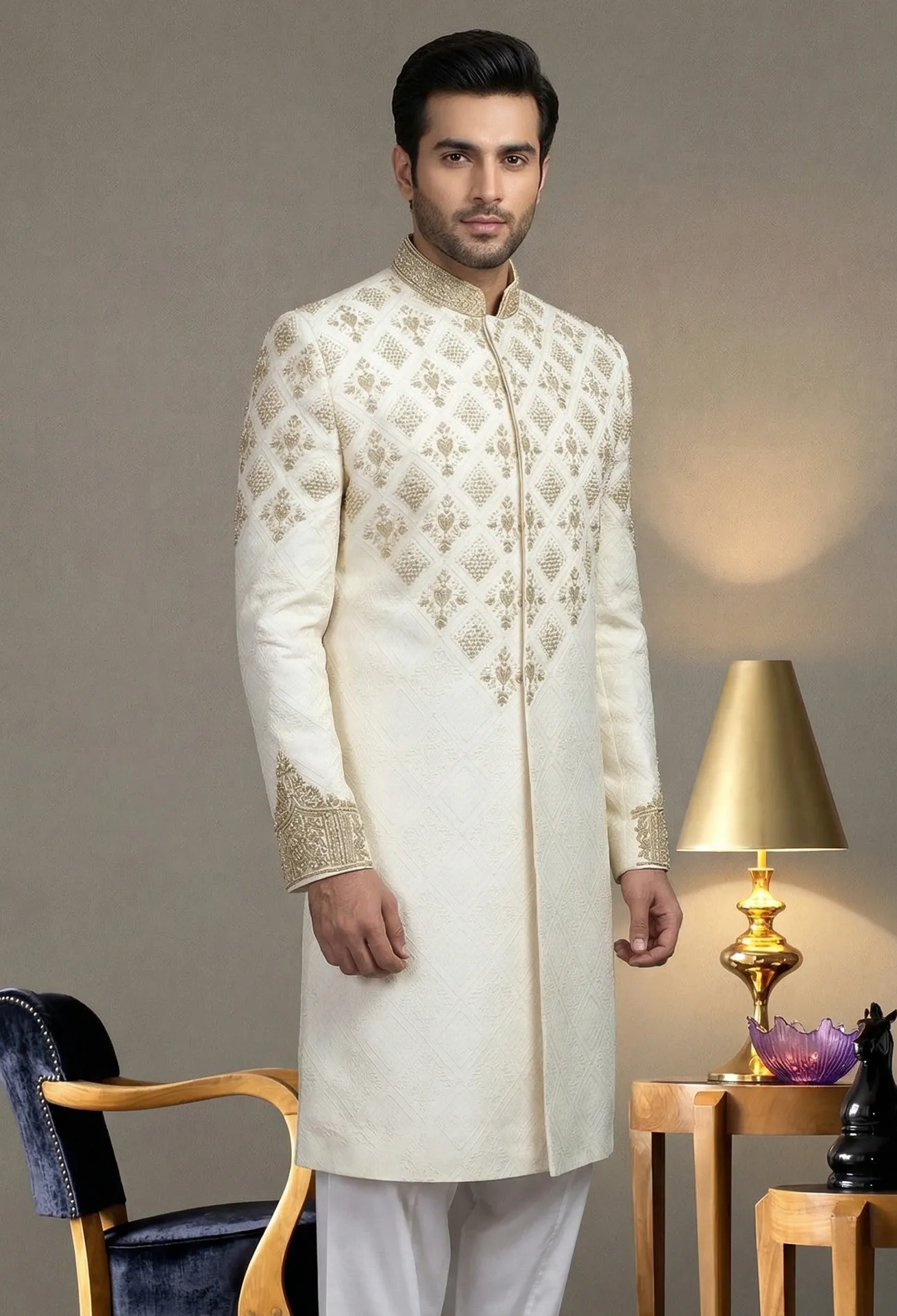 Ivory Sherwani With Golden Embroidery Ivory Sherwani with Golden Embroidery