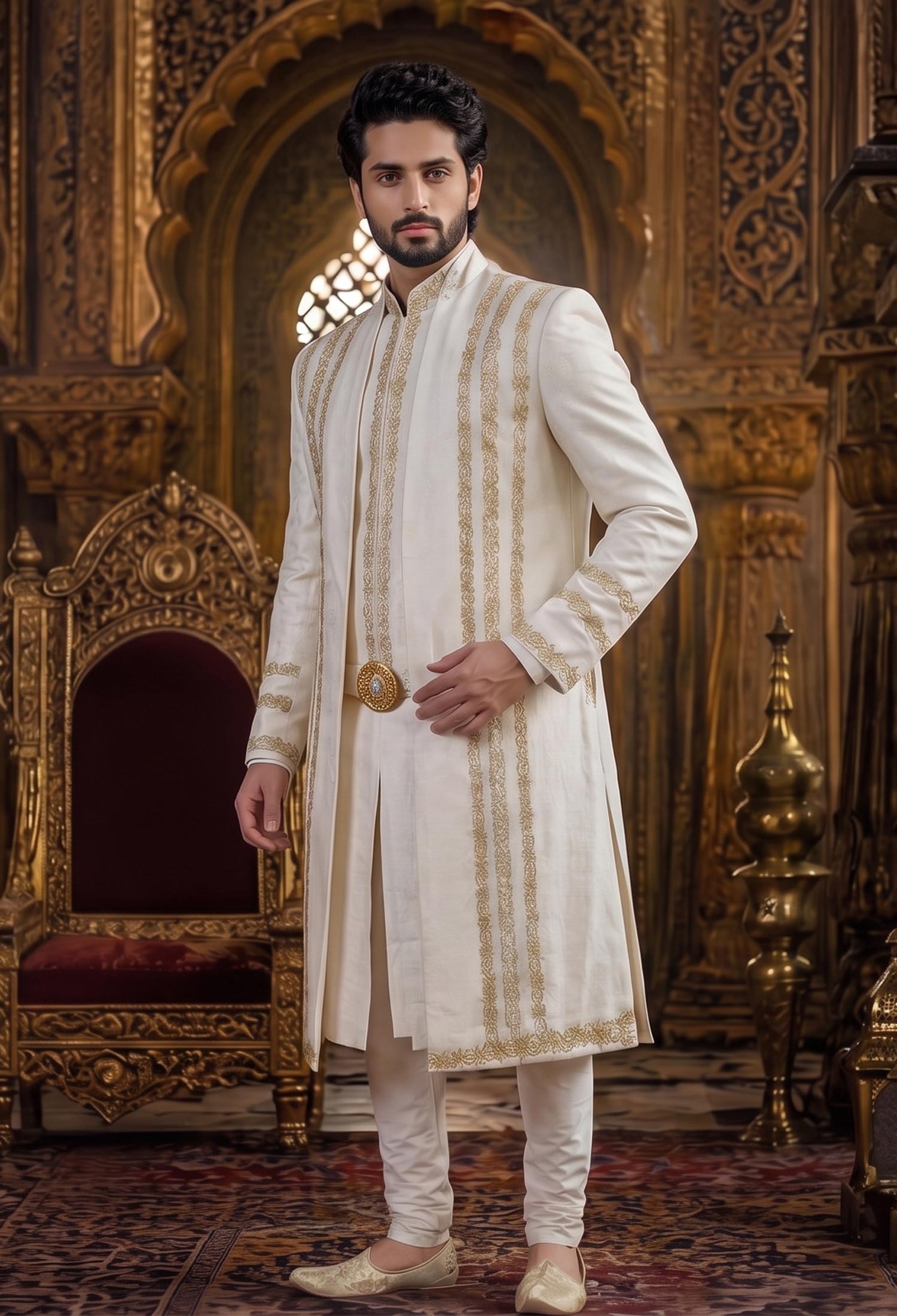 Luxury White Open Front Sherwani 4 Luxury White Open Front Sherwani White Open Front Sherwani