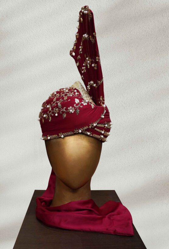 Maroon Turban with Golden Embroidery