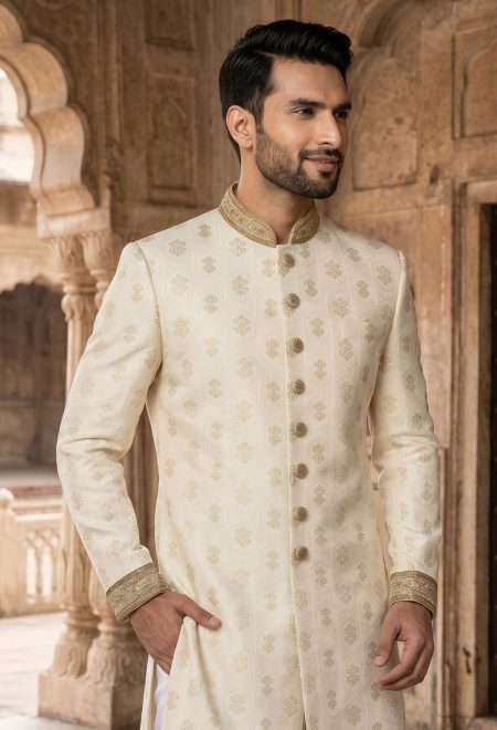 Traditional Ivory Sherwani with Golden Embroidery Classic Ivory Sherwani