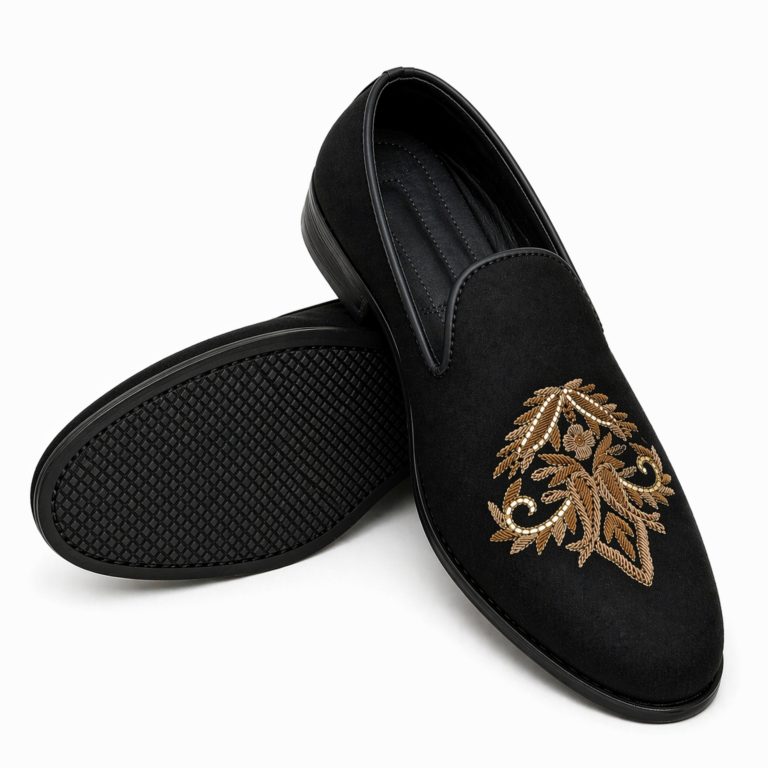Handmade Solid Black Loafer with Golden Embroidered Design Solid Black Loafer