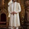 Premium White Open Front Sherwani with Golden Embroidery for Men Ivory Sherwani with Golden Embroidery