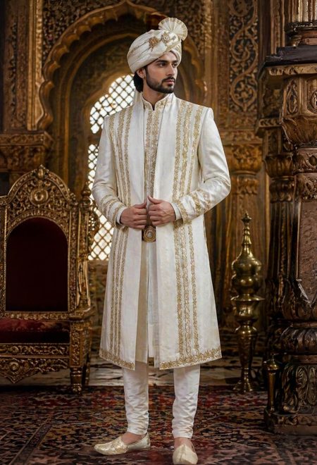 Premium White Open Front Sherwani with Golden Embroidery for Men
