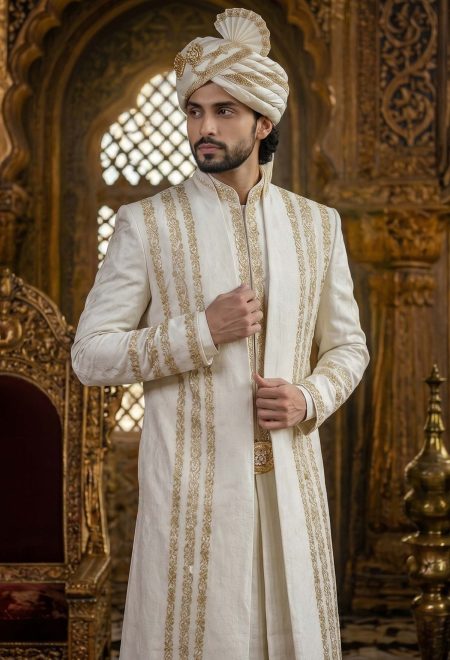Premium White Open Front Sherwani with Golden Embroidery for Men