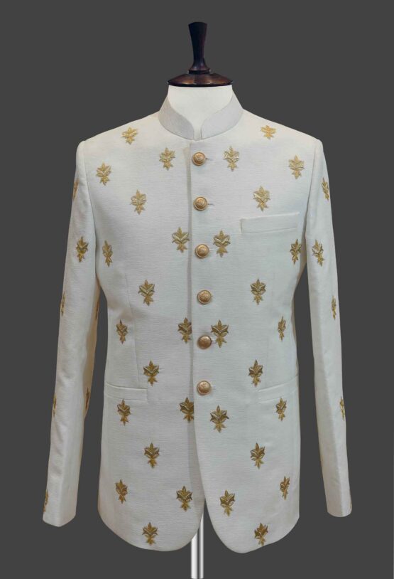 White Prince Coat with Gold Leaf Embroidery