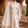 White Sherwani with Golden Embellishments and Shawl Modern Black Sherwani