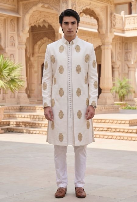 Luxury White Sherwani with Golden Embroidery White Sherwani