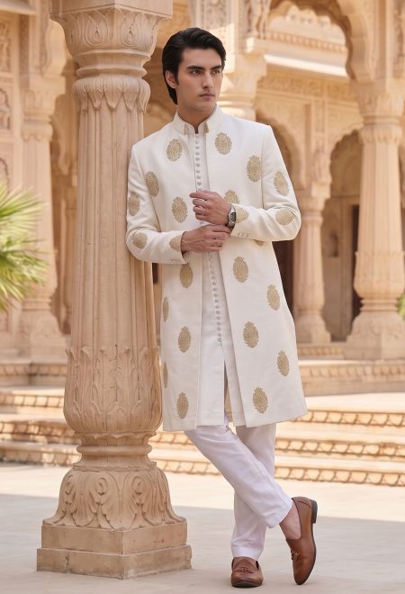 Luxury White Sherwani with Golden Embroidery