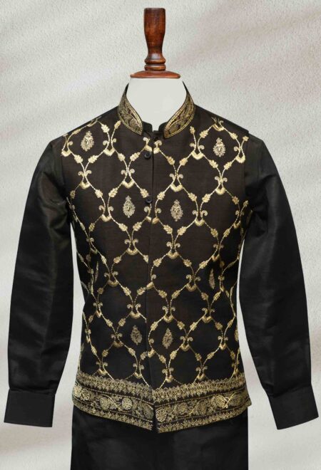 Regal Black and Golden Embroidered Waistcoat