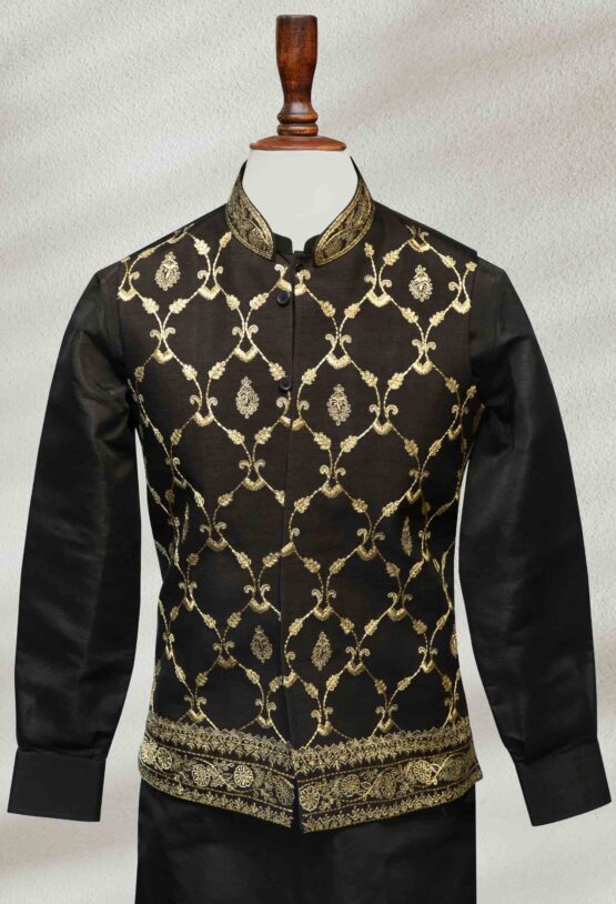 Regal Black and Golden Embroidered Waistcoat