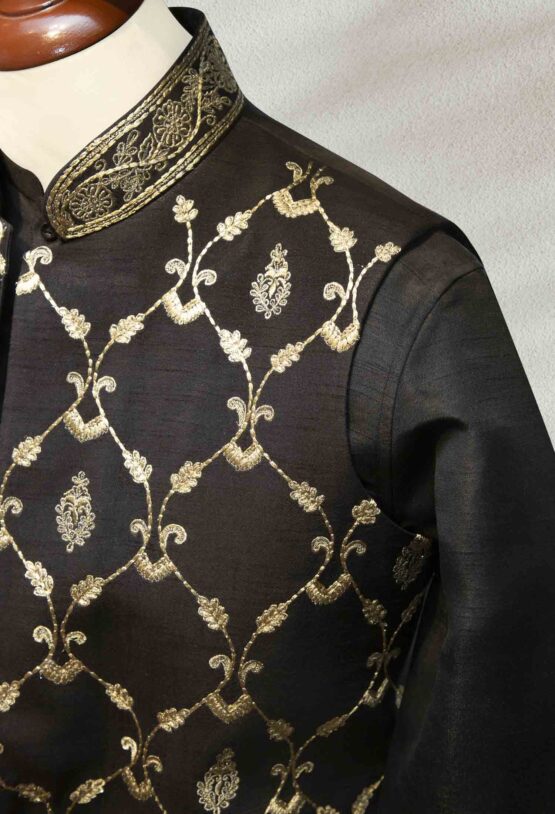 Regal Black and Golden Embroidered Waistcoat