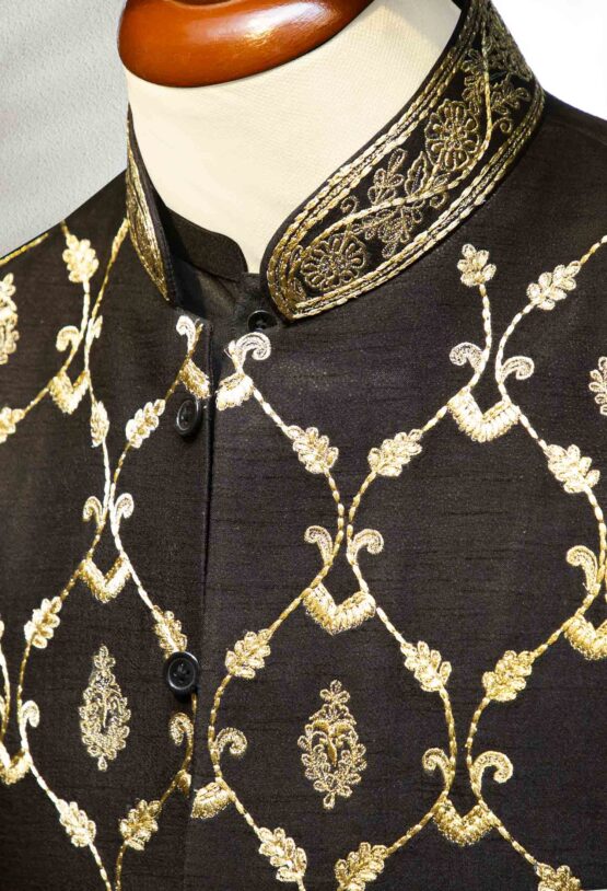 Regal Black and Golden Embroidered Waistcoat