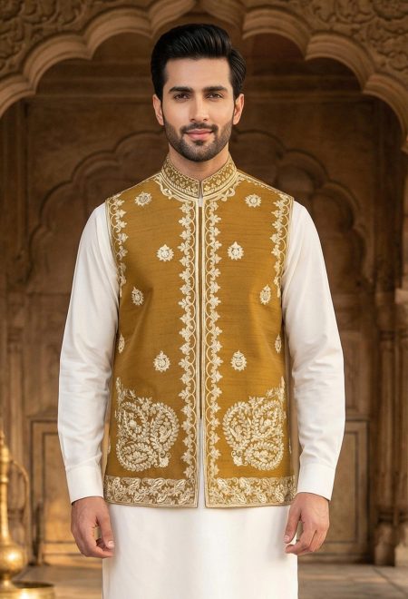 Golden Brown Embroidered Waistcoat