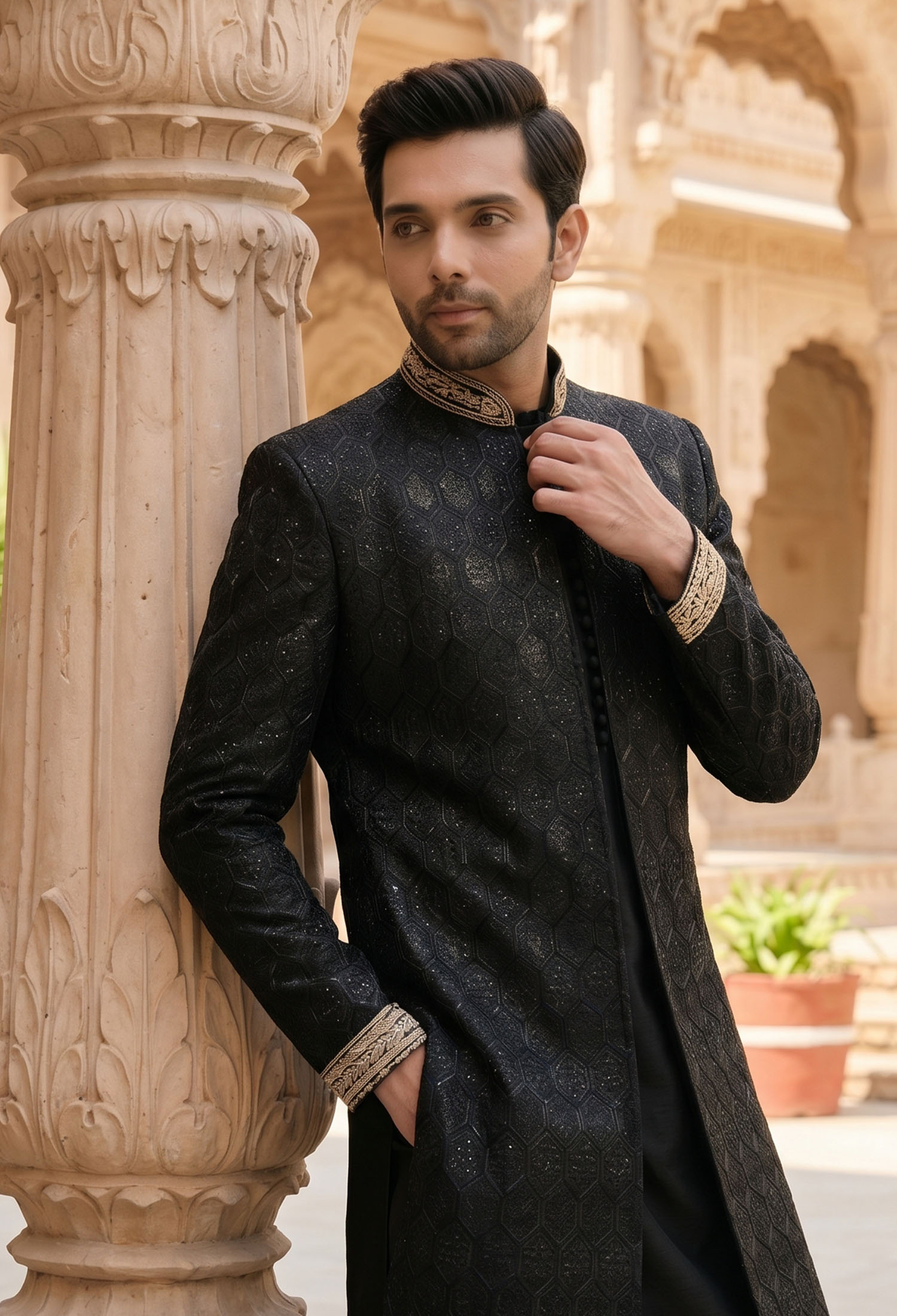 Black Designer Groom Sherwani 2 Classic Black Designer Groom Sherwani Regal Black Sherwani