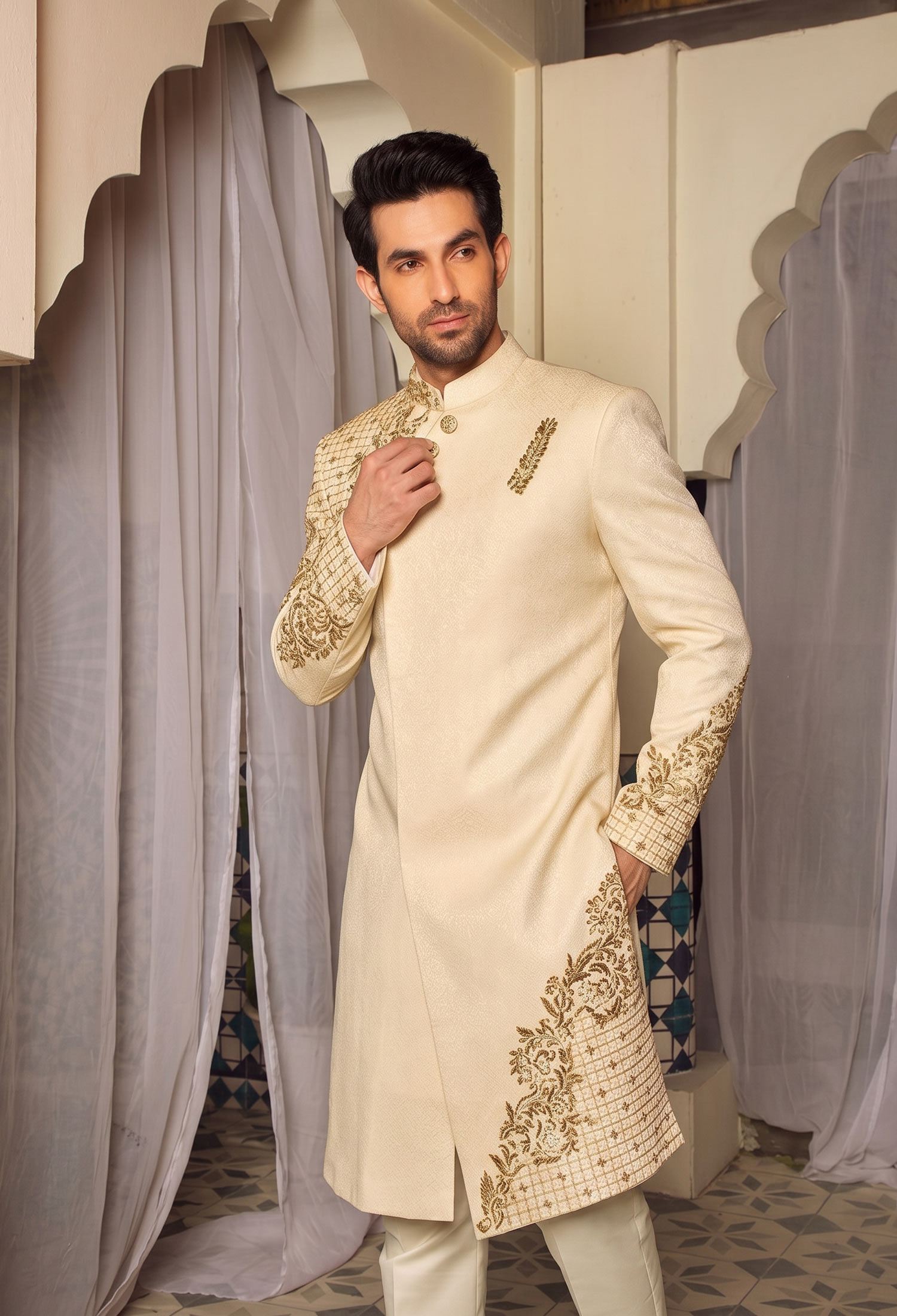 Ivory Golden Side Cut Sherwani Signature Ivory Golden Side Cut Sherwani Ivory Golden Side Cut Sherwani