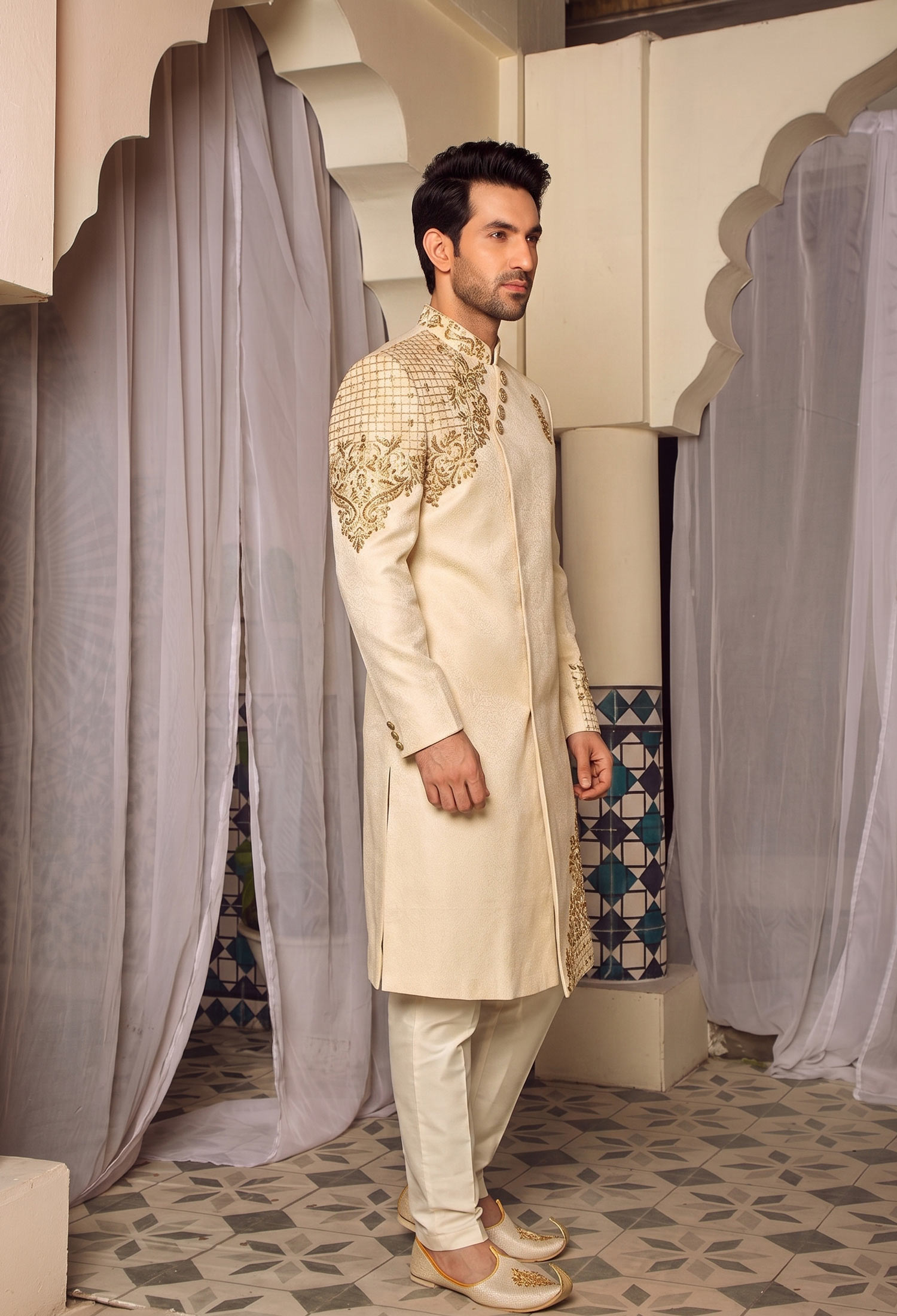 Ivory Golden Side Cut Sherwani 2 Signature Ivory Golden Side Cut Sherwani Ivory Golden Side Cut Sherwani