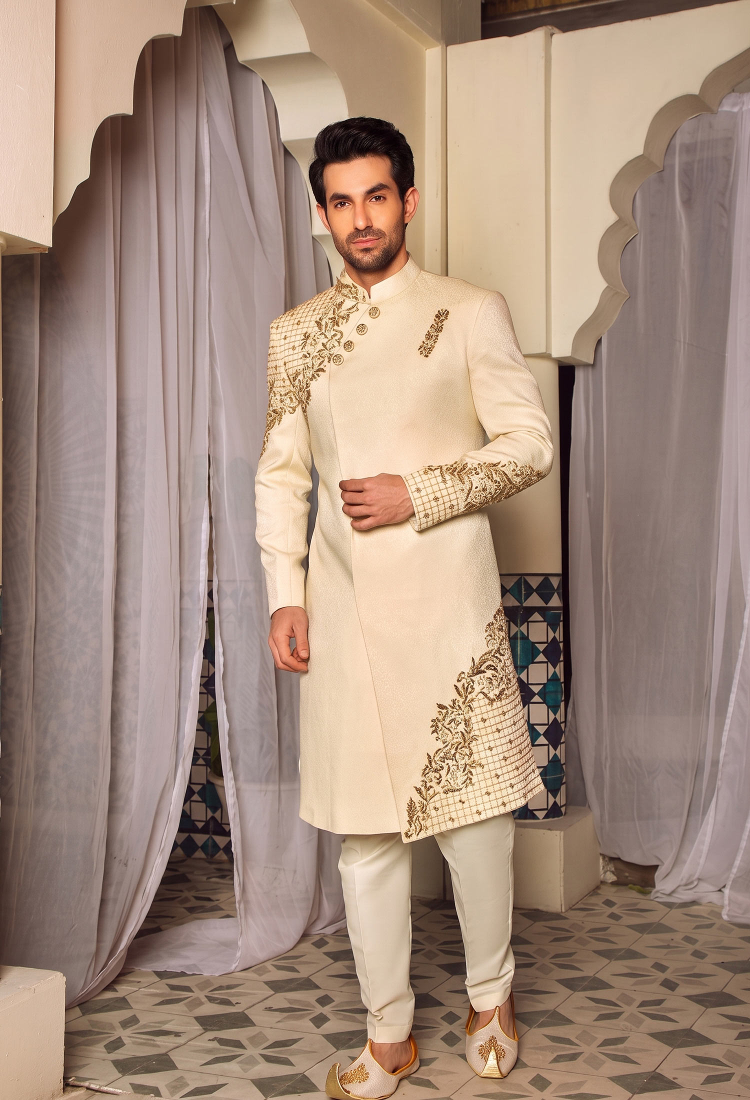 Ivory Golden Side Cut Sherwani 3 Signature Ivory Golden Side Cut Sherwani Ivory Golden Side Cut Sherwani