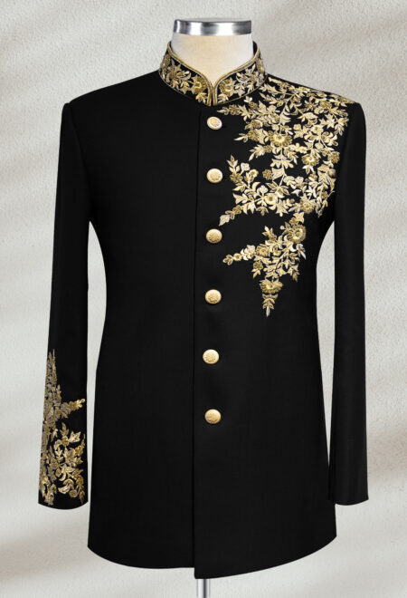 Golden Embroidered Black Prince Suit