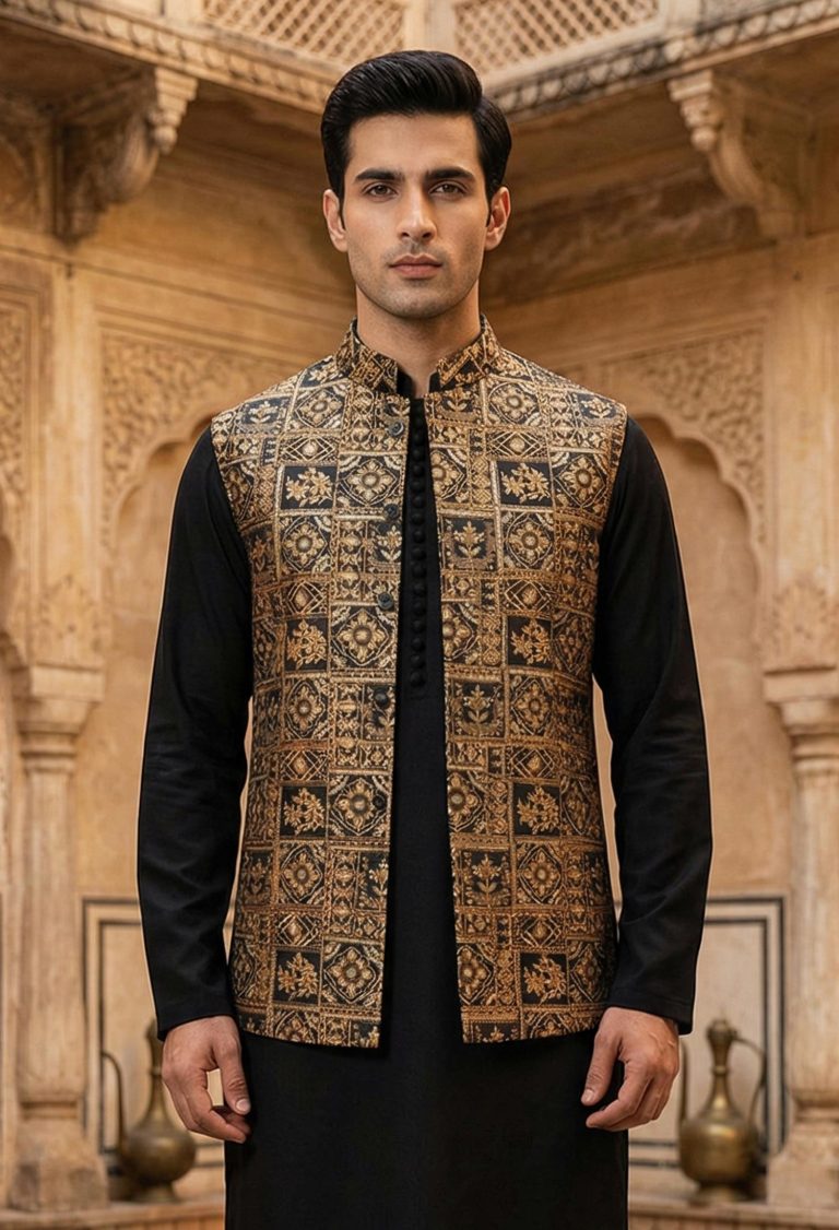 Majestic Black Waistcoat with Golden Embroidery Majestic Black Waistcoat