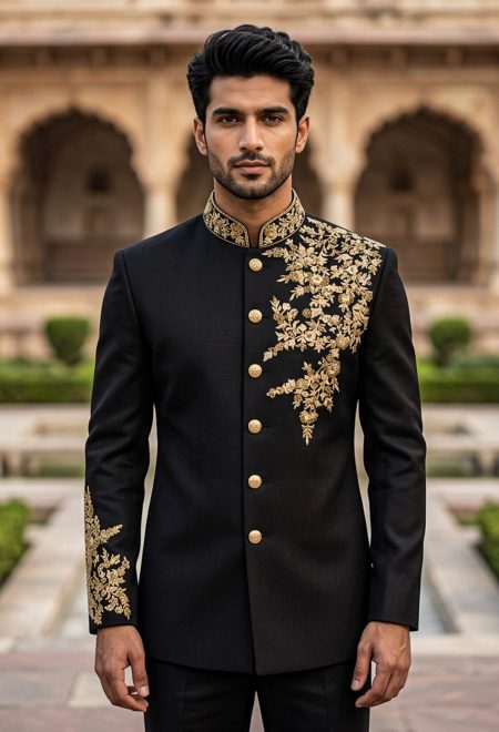 Golden Embroidered Black Prince Suit