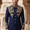 Golden Embroidered Navy Blue Prince Suit Jet Black Prince Suit with Embroidery